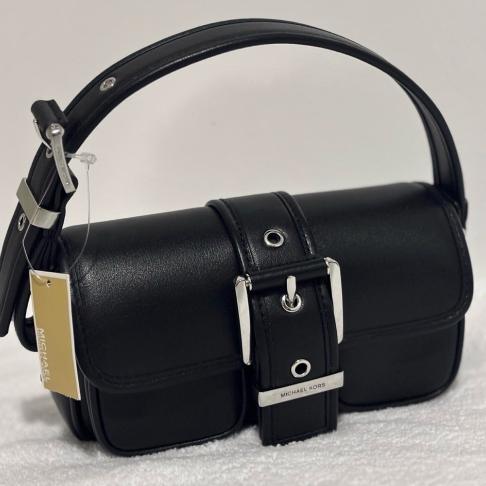 Michael Kors Black Leather Medium Shoulder Bag with Buckle Strap